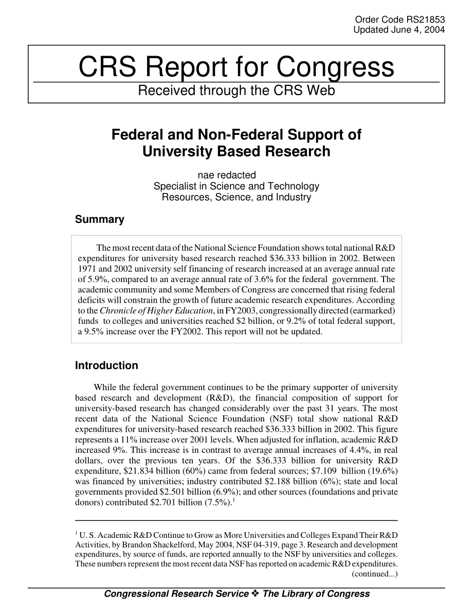 [20040604]RS21853_大学研究的联邦和非联邦支持.pdf_第1页