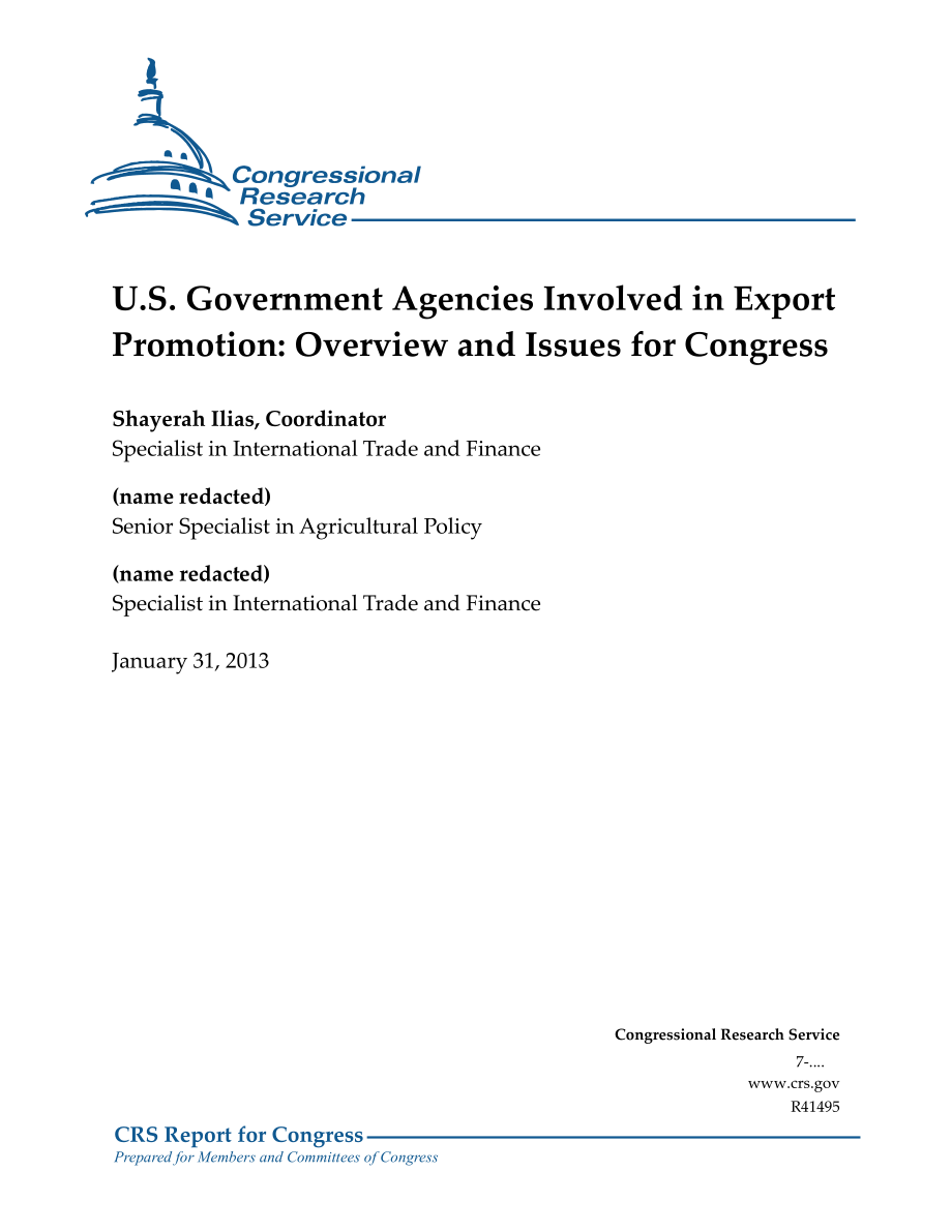 [20130131]R41495_参与出口促进的美国政府机构：国会概况和议题.pdf_第1页