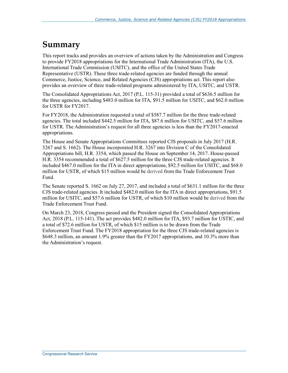 [20180503]R44882_2018财年商业、司法、科学及相关机构（CJS）拨款：贸易相关机构 .pdf_第2页