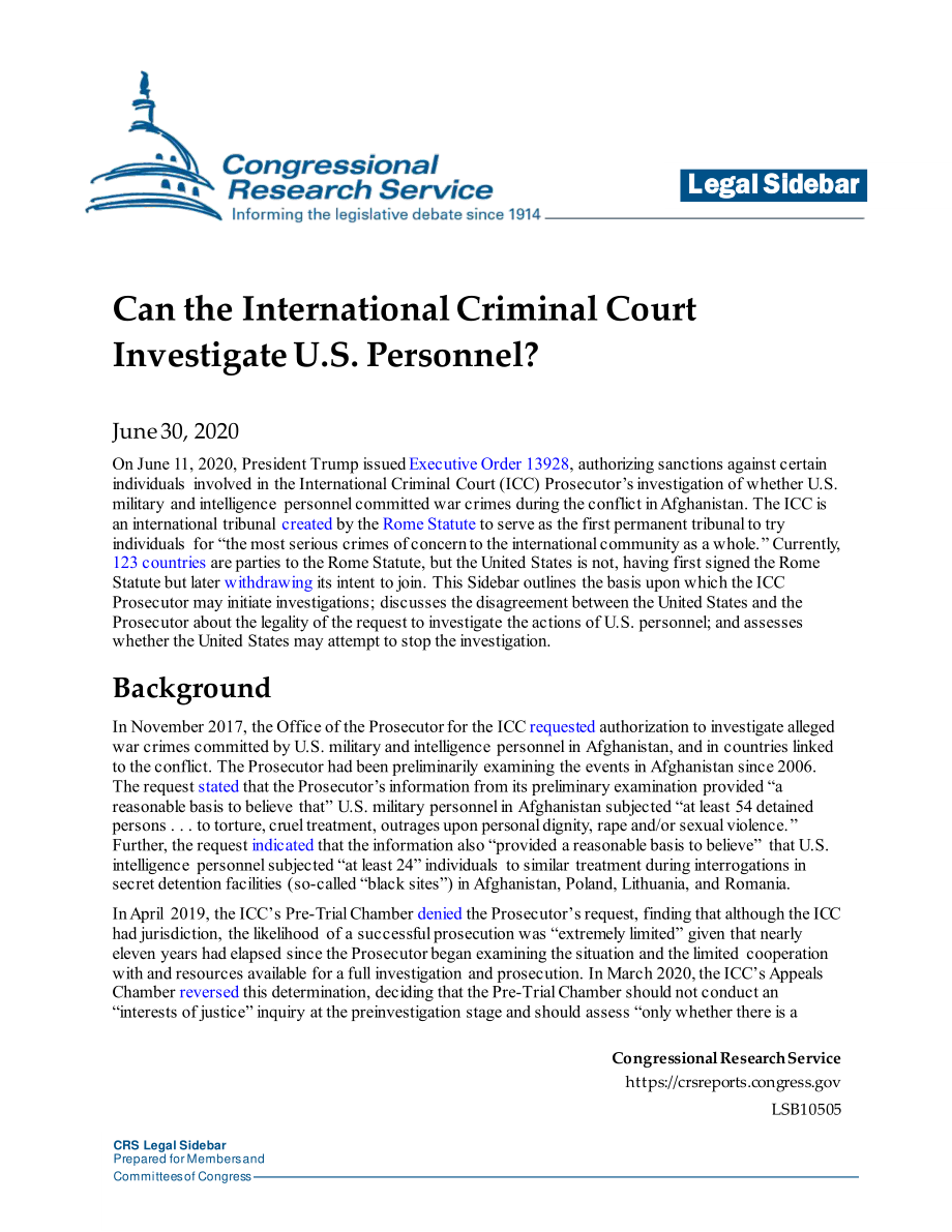 [20200630]LSB10505_国际刑事法院能否调查美国人员？.pdf_第1页