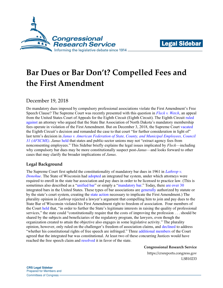 [20181219]LSB10233_酒吧会费还是不？强制收费和第一修正案.pdf_第1页