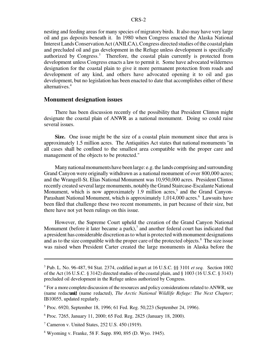 [20001207]RS20602_在北极国家野生动物保护区沿海平原建立国家纪念碑的总统权力以及指定的可能影响.pdf_第2页