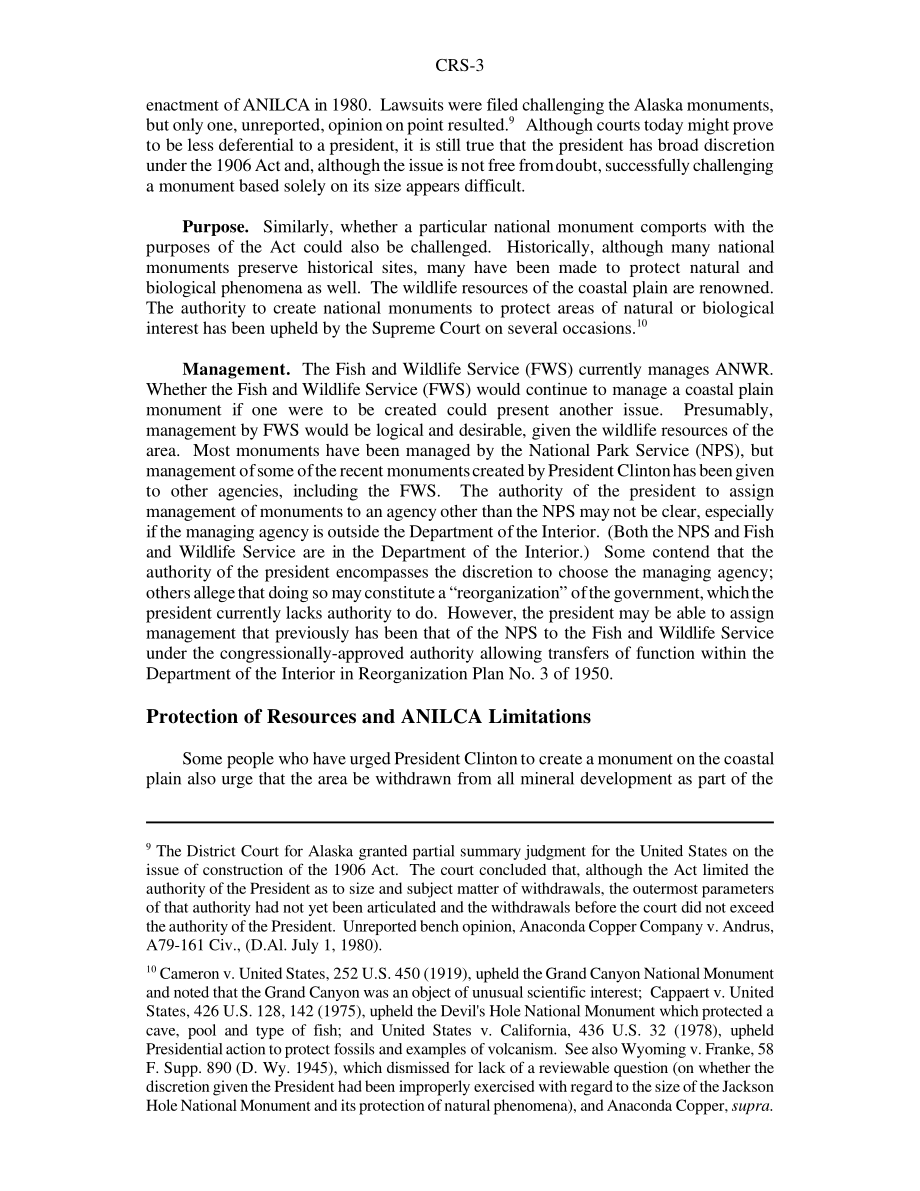 [20001207]RS20602_在北极国家野生动物保护区沿海平原建立国家纪念碑的总统权力以及指定的可能影响.pdf_第3页