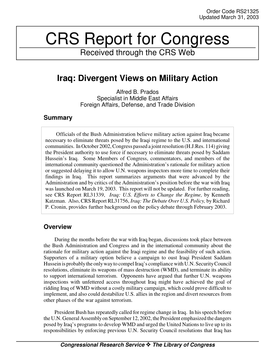 [20030331]RS21325_伊拉克：对军事行动的不同看法.pdf_第1页