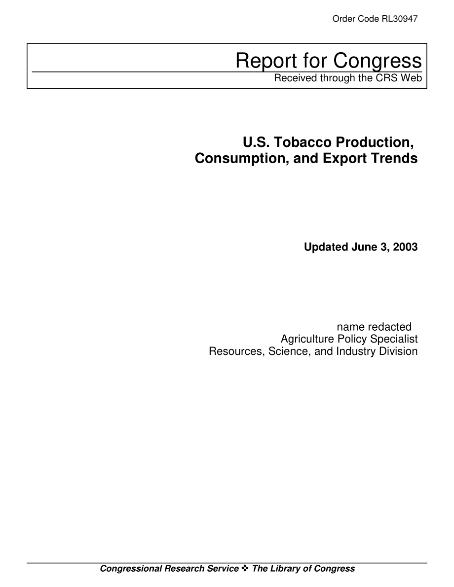 [20030603]RL30947_美国烟草生产、消费和出口趋势.pdf_第1页