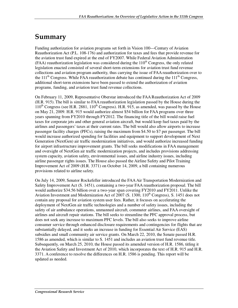 [20100507]R40410_美国联邦航空管理局（FAA）重新授权：第111届国会立法行动概述.pdf_第2页