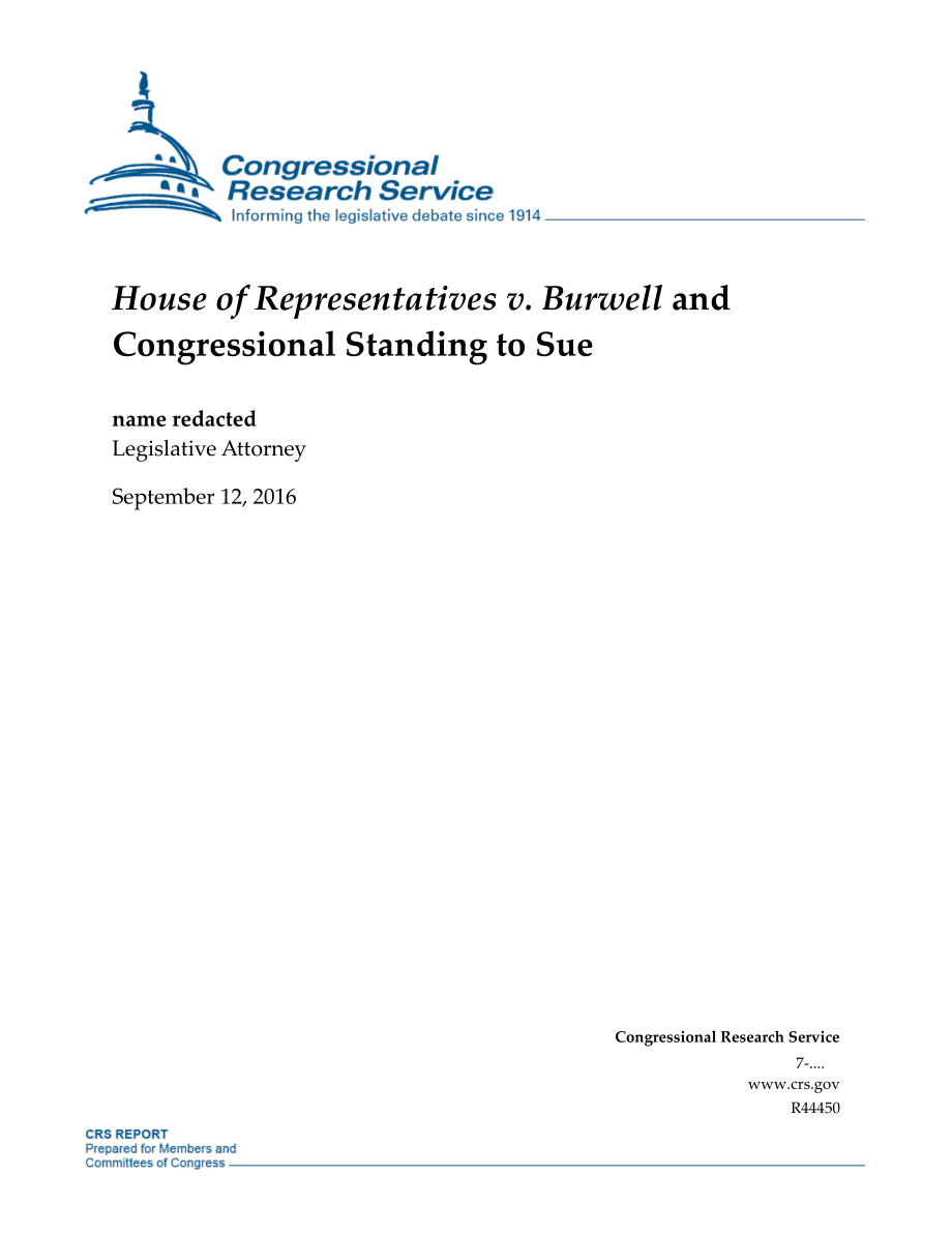 [20160912]R44450_众议院诉Burwell和国会起诉资格.pdf_第1页