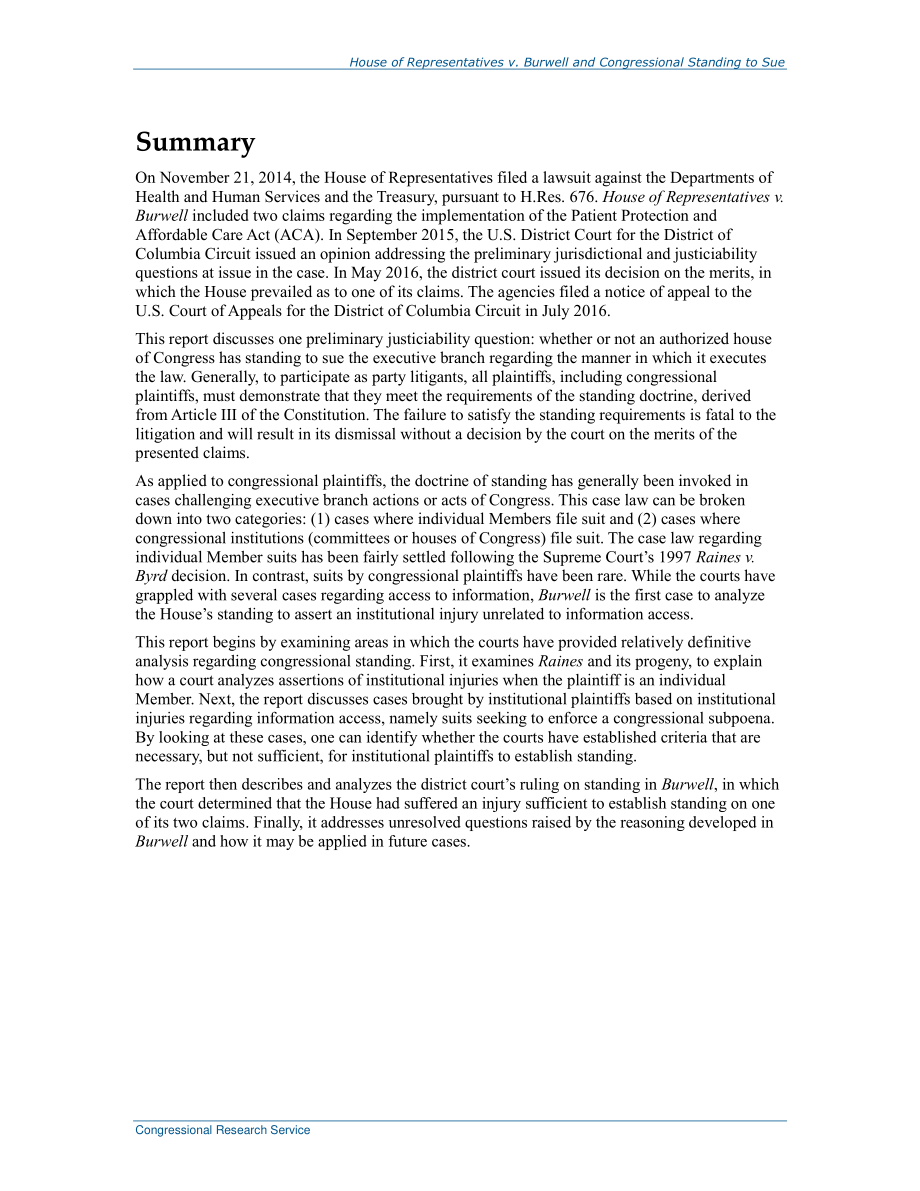 [20160912]R44450_众议院诉Burwell和国会起诉资格.pdf_第2页