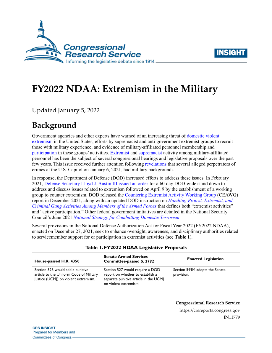 [20220105]IN11779_2022财年NDAA：军队中的极端主义.pdf_第1页