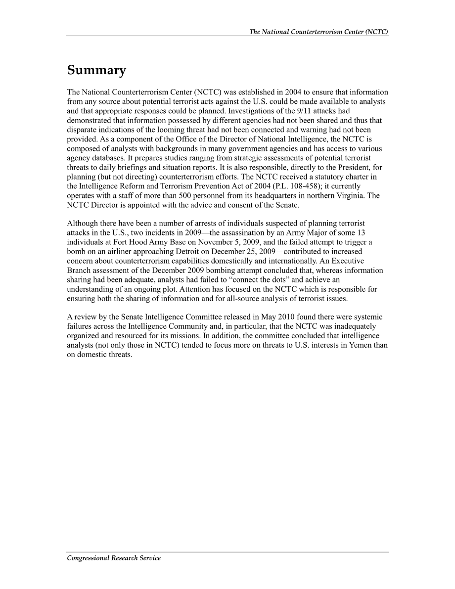 [20111219]R41022_国家反恐中心（NCTC）-职责和国会可能关注的问题 .pdf_第2页