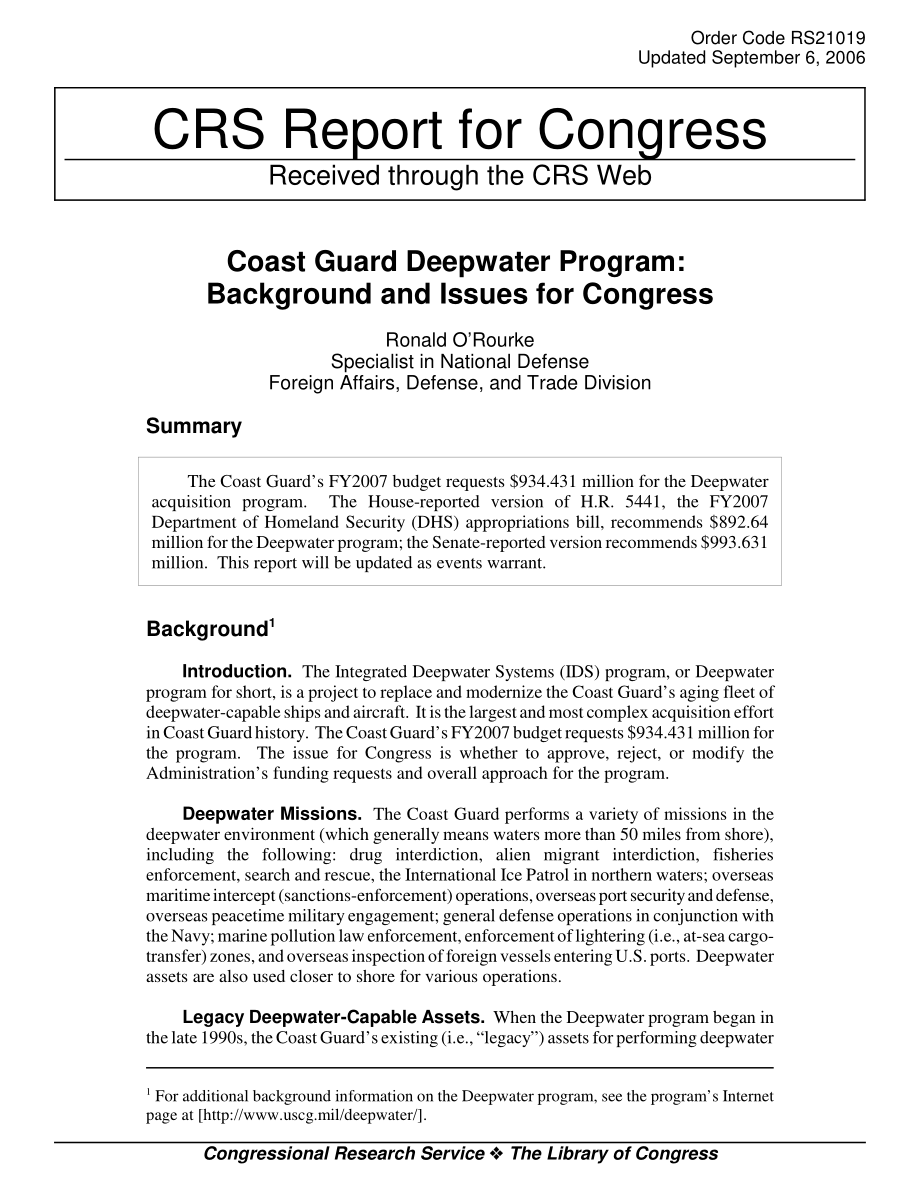 [20060906]RS21019_海岸警卫队深水计划：国会背景和议题.pdf_第1页