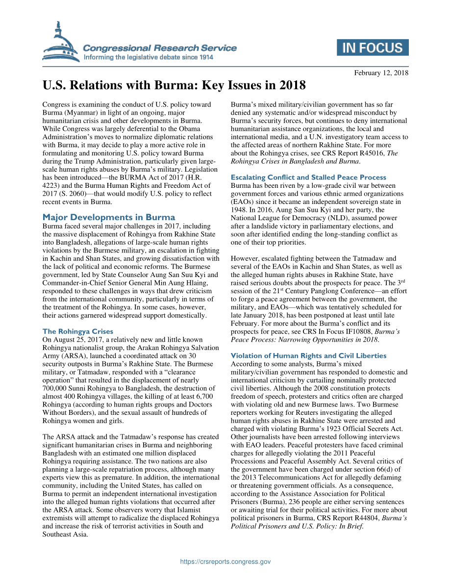 [20180212]IF10827_美国与缅甸的关系：2018年关键问题.pdf_第1页