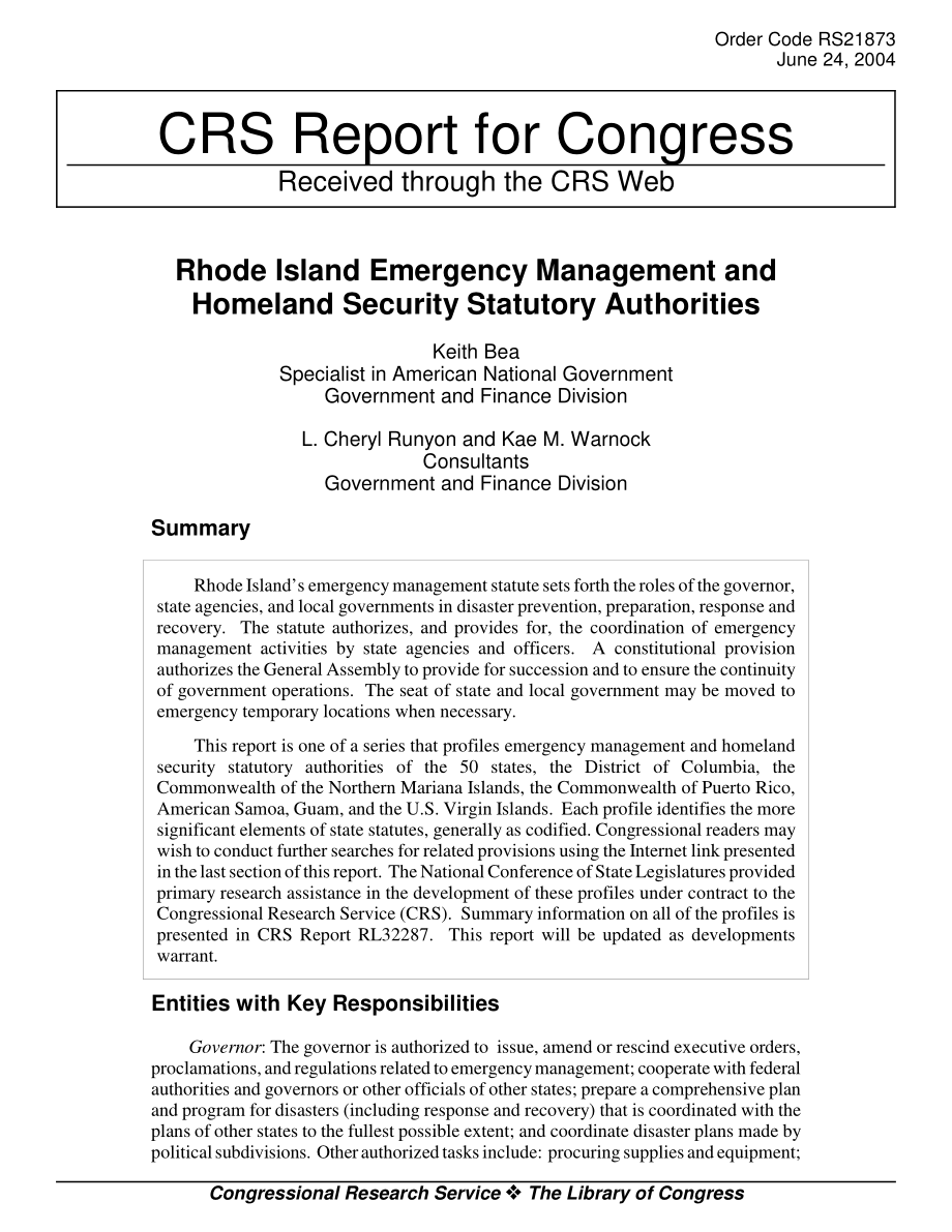 [20040624]RS21873_罗得岛州应急管理和国土安全法定机构总结.pdf_第1页
