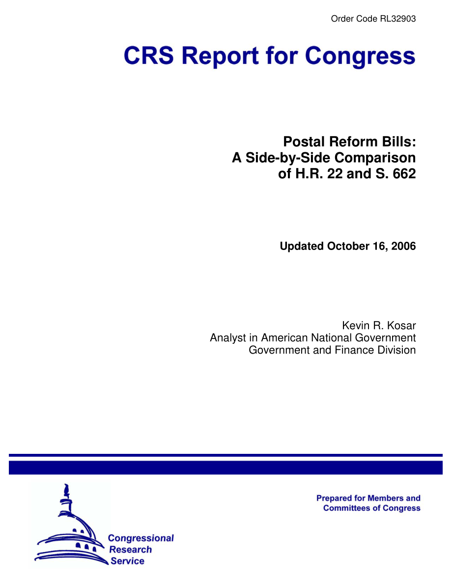 [20061016]RL32903_邮政改革法案：H.R.的并列比较22和第662条.pdf_第1页