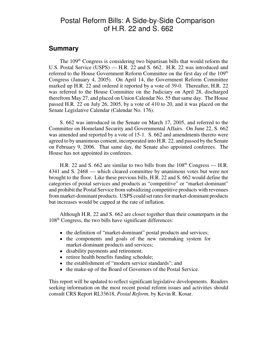 [20061016]RL32903_邮政改革法案：H.R.的并列比较22和第662条.pdf_第2页