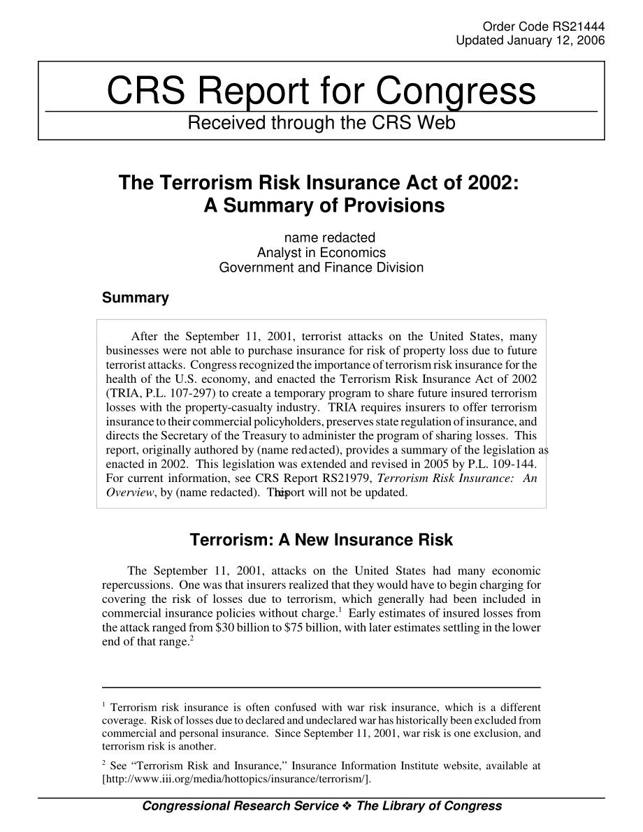 [20060112]RS21444_2002年《恐怖主义风险保险法》：准备金摘要.pdf_第1页
