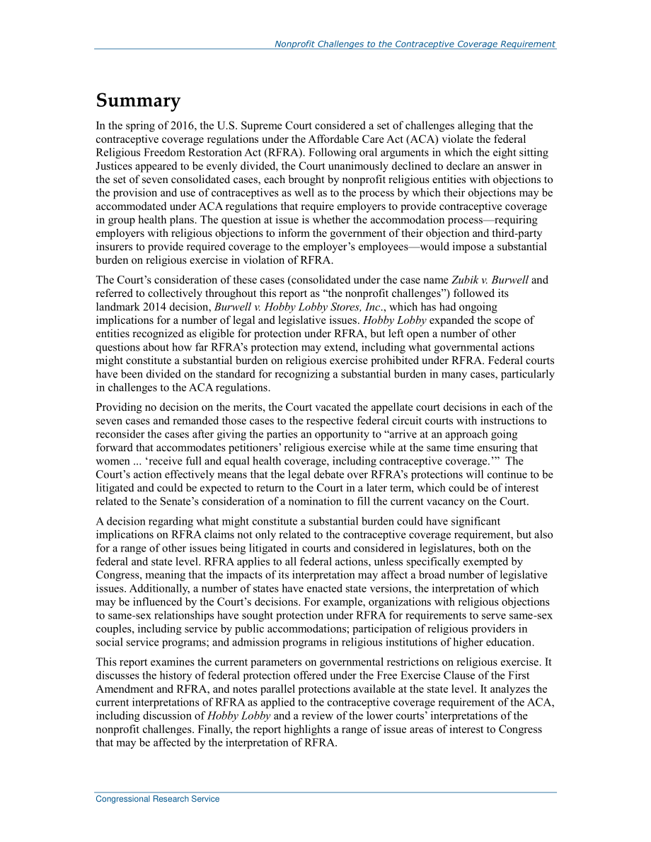 [20160616]R44422_非营利组织对避孕覆盖要求的挑战：《宗教自由恢复法案》下宗教活动重大负担的含义.pdf_第2页
