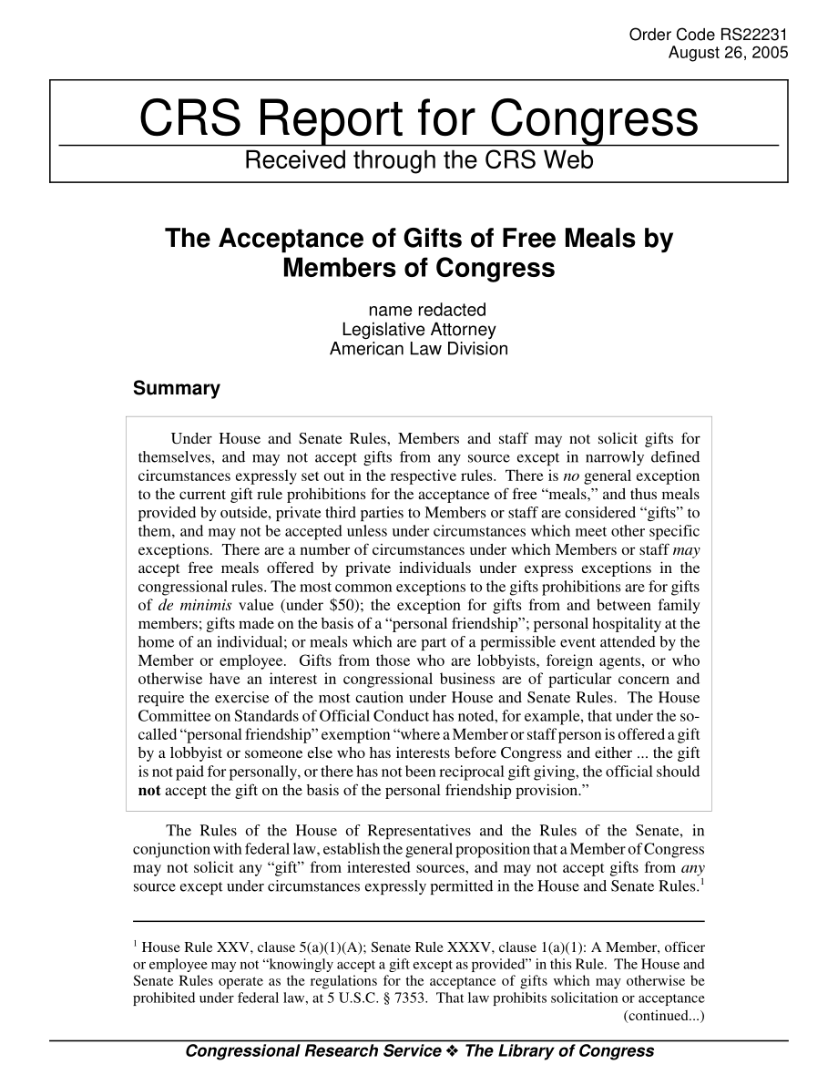 [20050826]RS22231_国会议员接受赠送的免费餐食.pdf_第1页