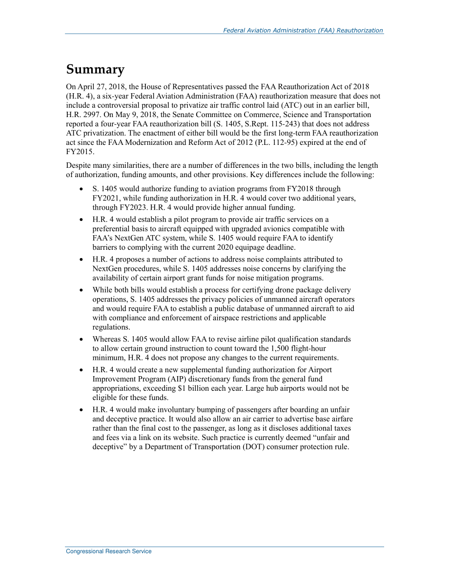 [20180529]R45207_美国联邦航空管理局（FAA）第115届国会重新授权问题和辩论.pdf_第2页