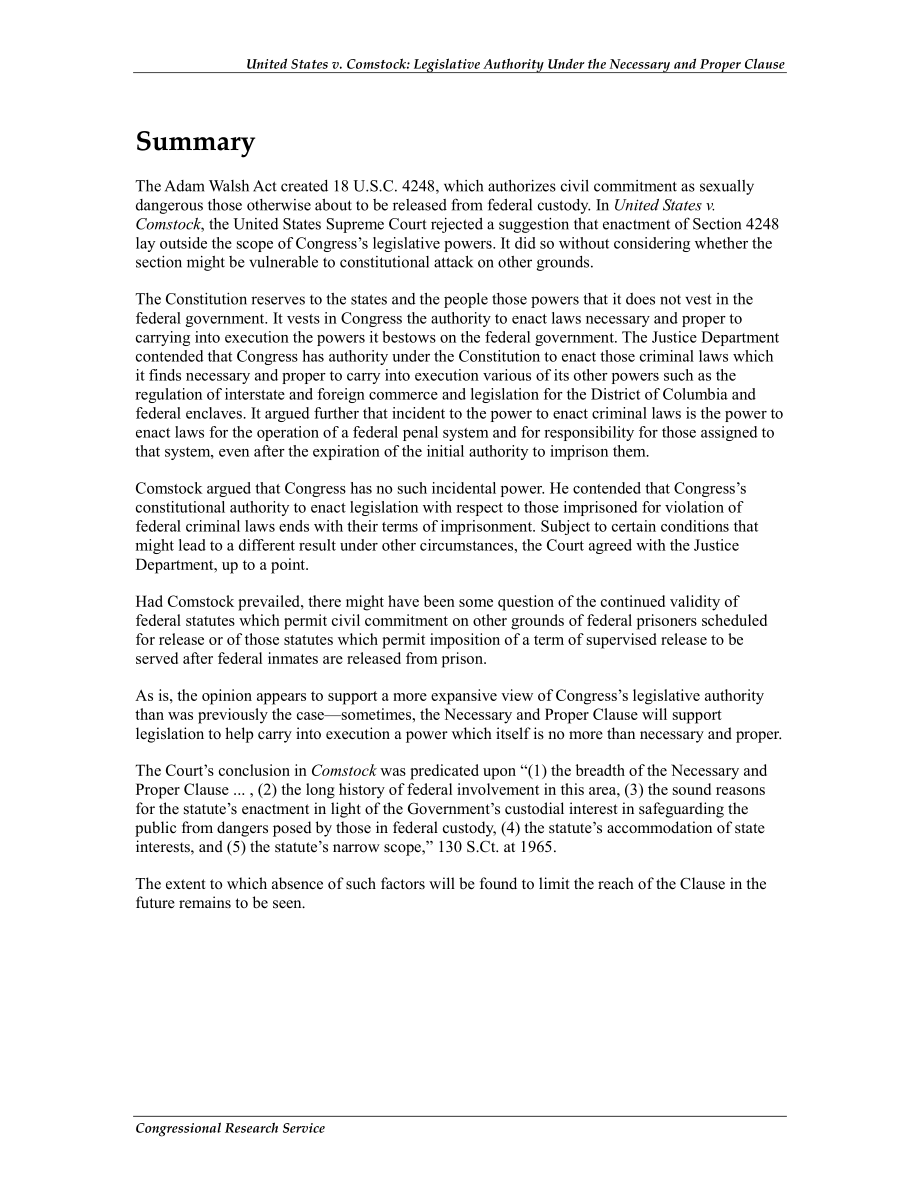 [20120103]R40958_美国诉Comstock：必要和适当条款下的立法权限.pdf_第2页