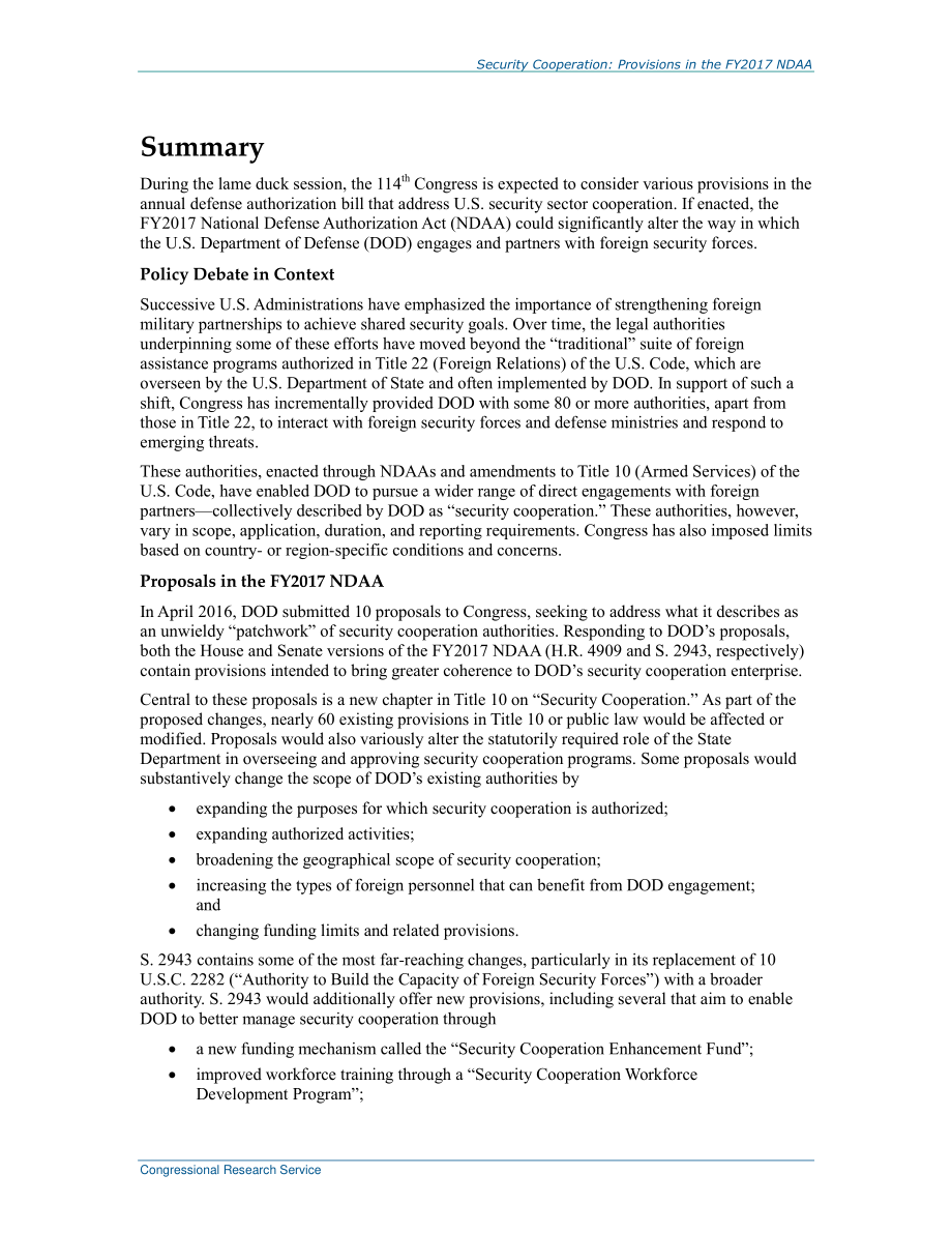 [20161101]R44673_安全合作：2017财年国防授权法案（NDAA）拟议条款比较.pdf_第2页
