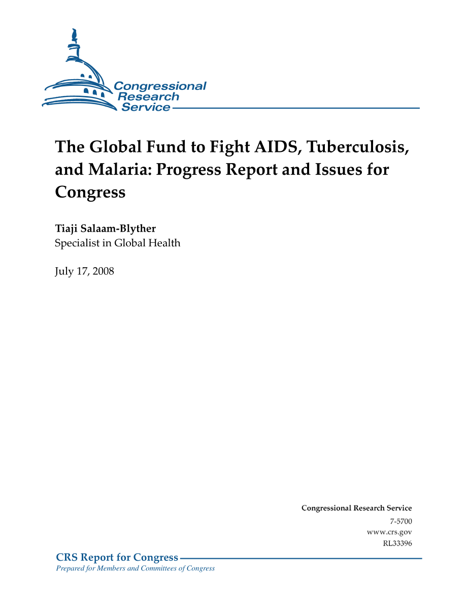 [20080717]RL33396_全球抗击艾滋病、结核病和疟疾基金：进度报告和国会议题.pdf_第1页