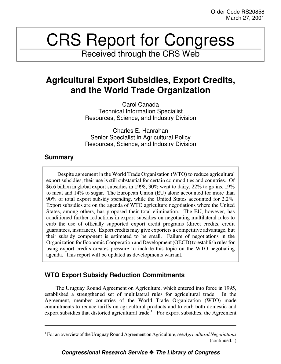 [20010327]RS20858_农业出口补贴、出口信贷和世界贸易组织.pdf_第1页
