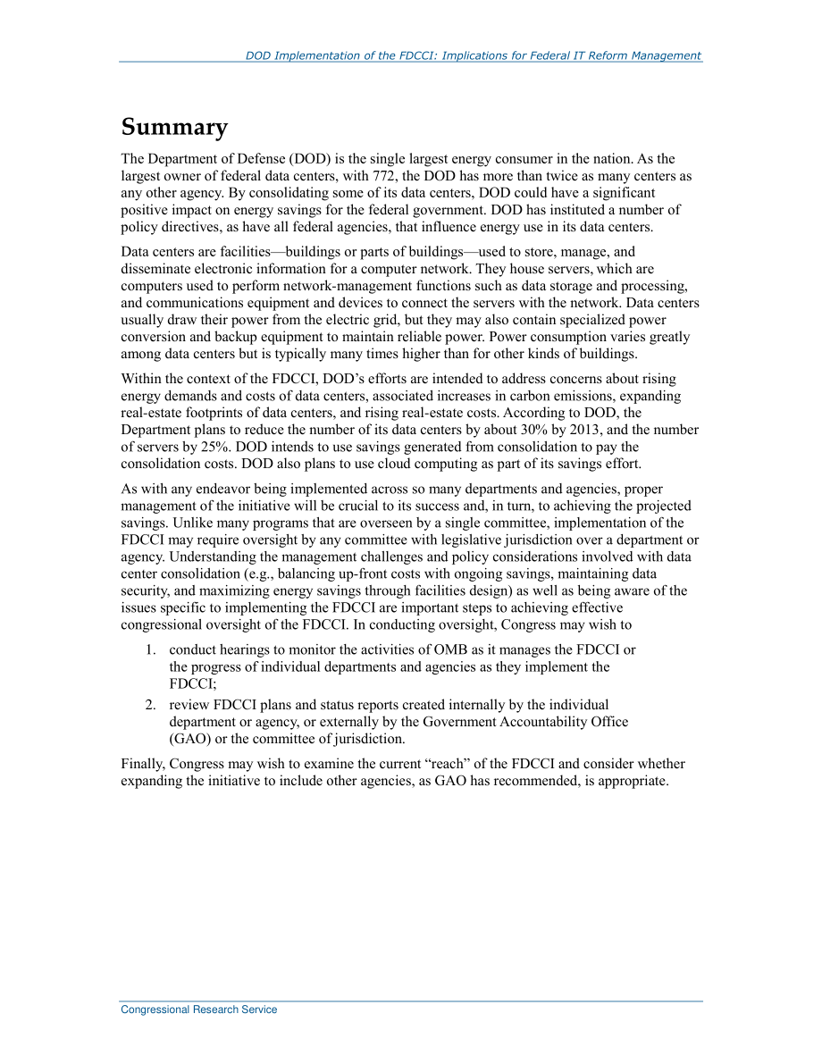 [20130423]R42604_国防部实施联邦数据中心整合计划：对联邦信息技术改革管理的影响.pdf_第2页