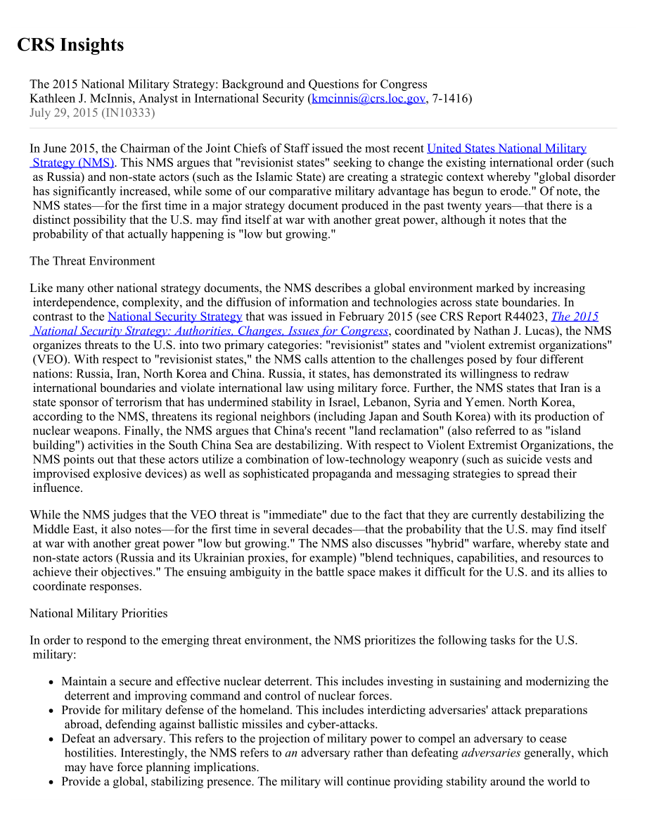 [20150729]IN10333_2015年国家军事战略：国会背景和问题.pdf_第1页