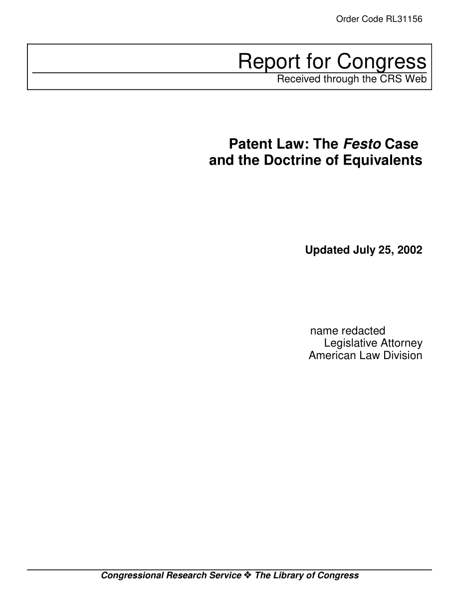 [20020725]RL31156_专利法：费斯托案与等同原则.pdf_第1页