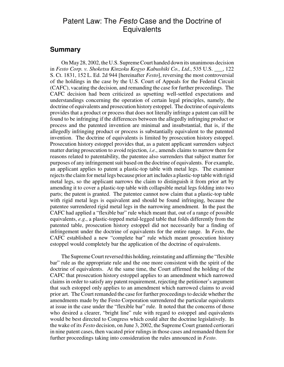 [20020725]RL31156_专利法：费斯托案与等同原则.pdf_第2页