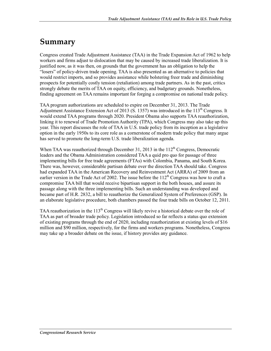 [20130805]R41922_贸易调整援助（TAA）及其在美国贸易政策中的作用.pdf_第2页