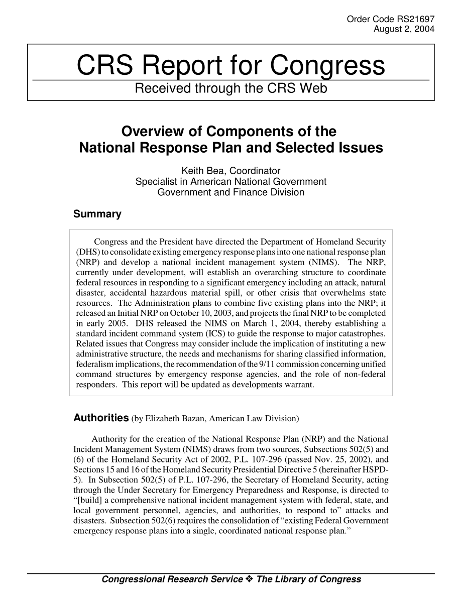[20040802]RS21697_国家应对计划的组成部分和选定问题概述.pdf_第1页