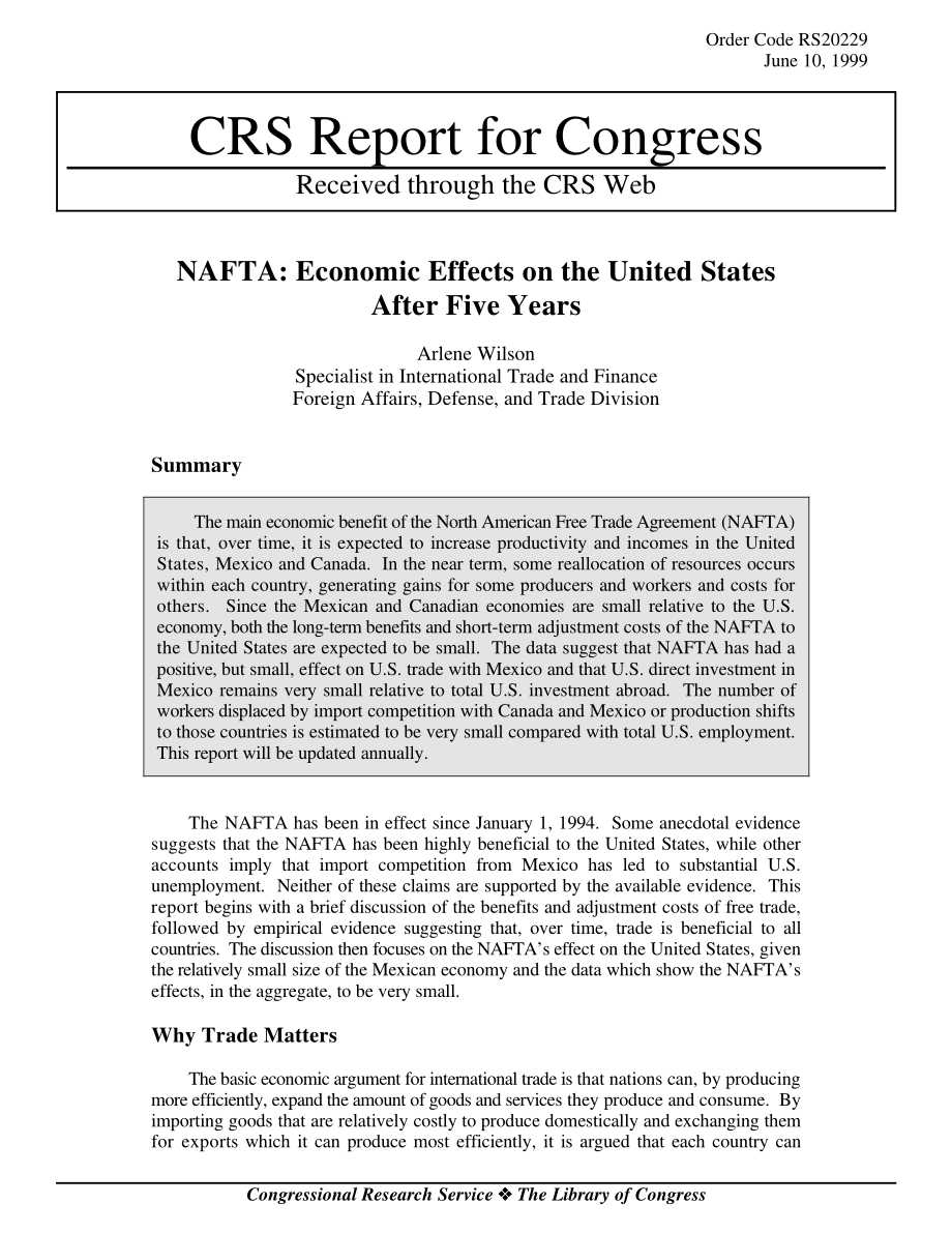 [19990610]RS20229_北美自由贸易协定：五年后对美国的经济影响.pdf_第1页