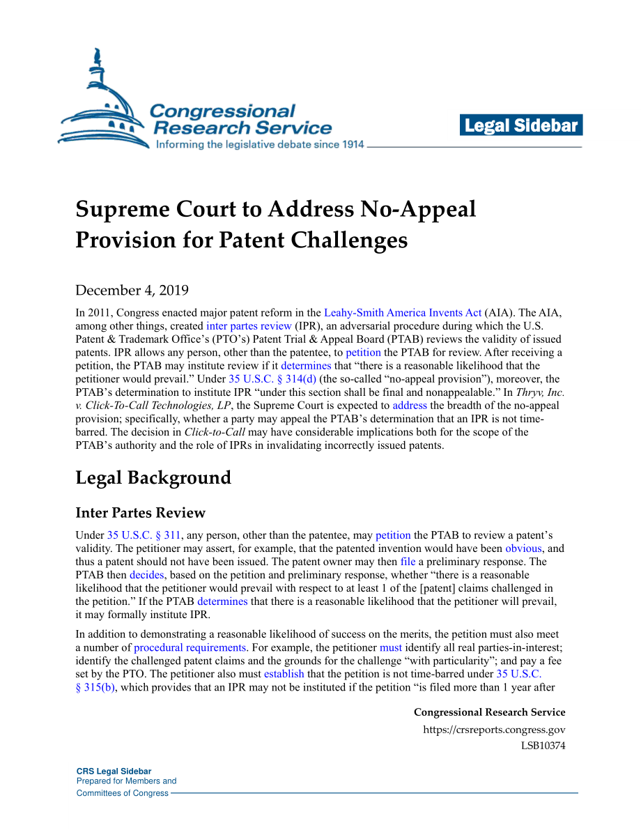 [20191204]LSB10374_最高法院将不处理专利异议的上诉条款.pdf_第1页