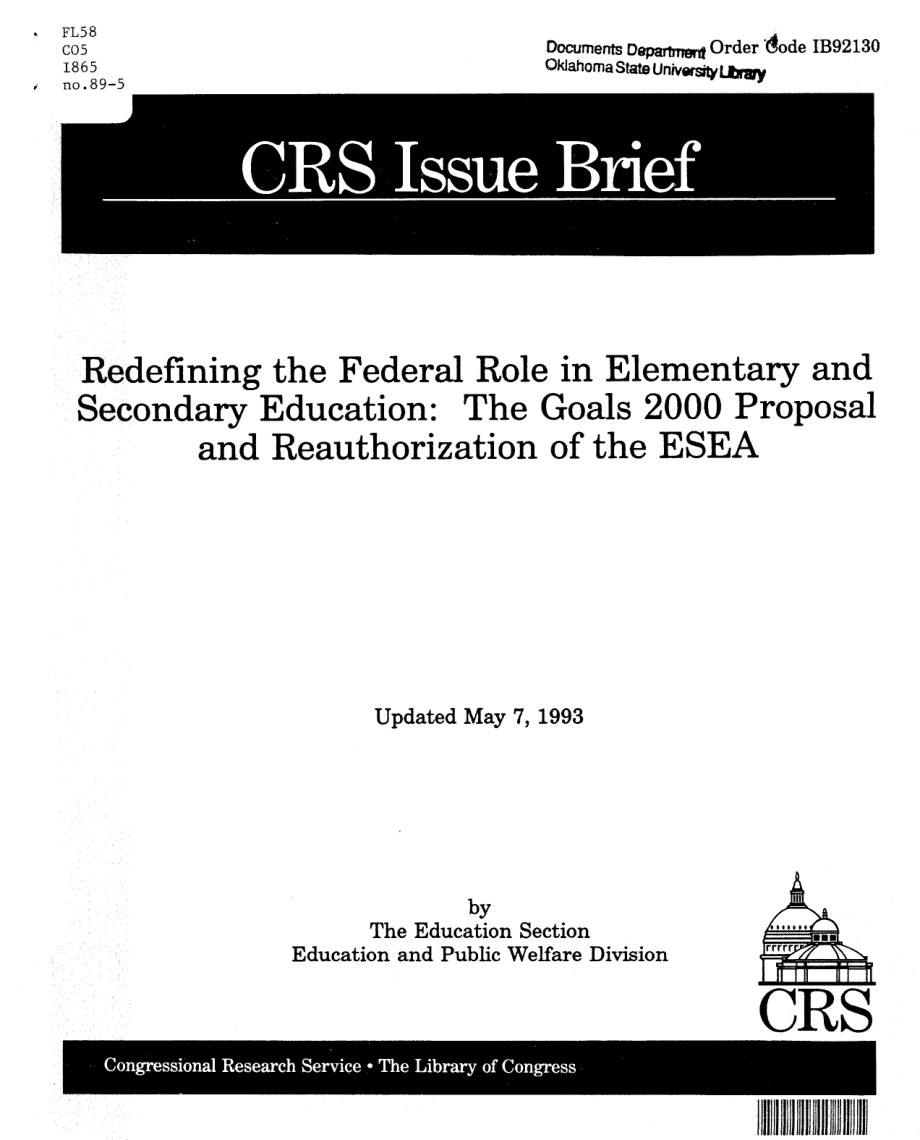 [19930507]IB92130_重新定义联邦在初等和中等教育中的作用：2000年目标提案和ESEA的重新授权.pdf_第1页