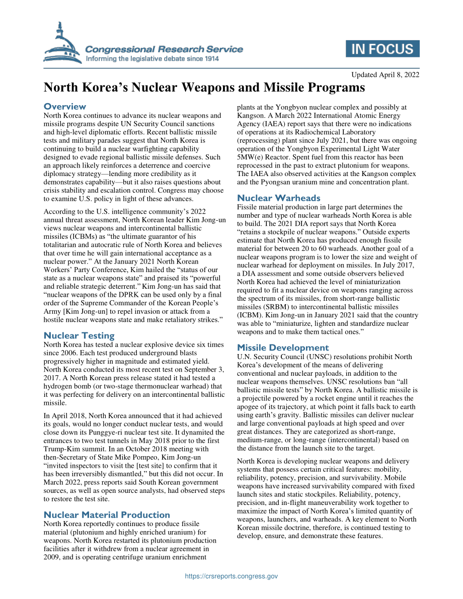 [20220408]IF10472_朝鲜的核武器和导弹计划.pdf_第1页