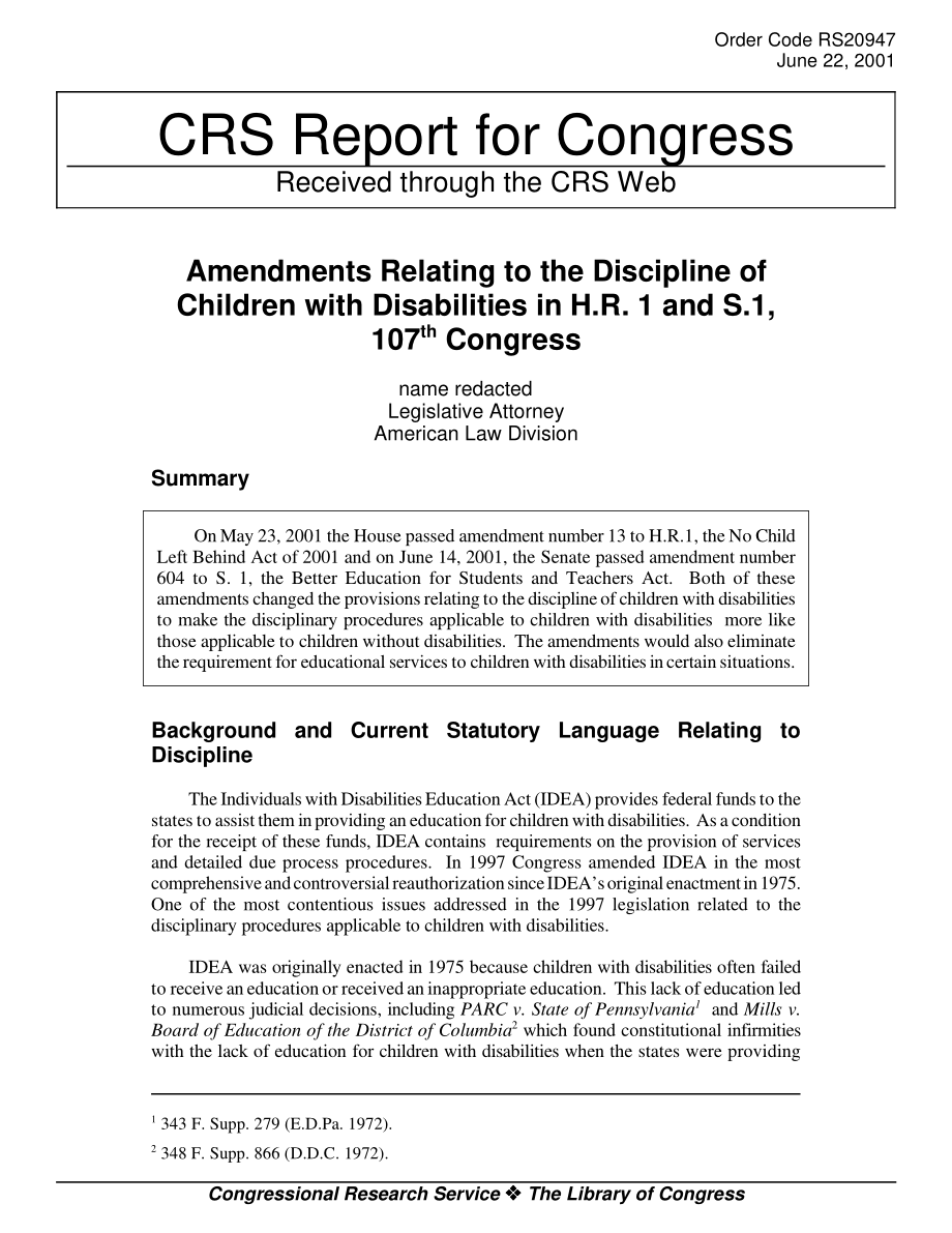 [20010622]RS20947_H.R.关于残疾儿童纪律的修正案第107届国会.pdf_第1页