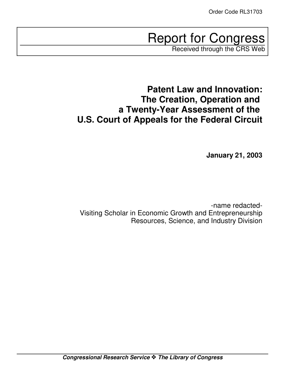 [20030121]RL31703_专利法与创新：美国联邦巡回上诉法院的成立、运作和二十年评估.pdf_第1页