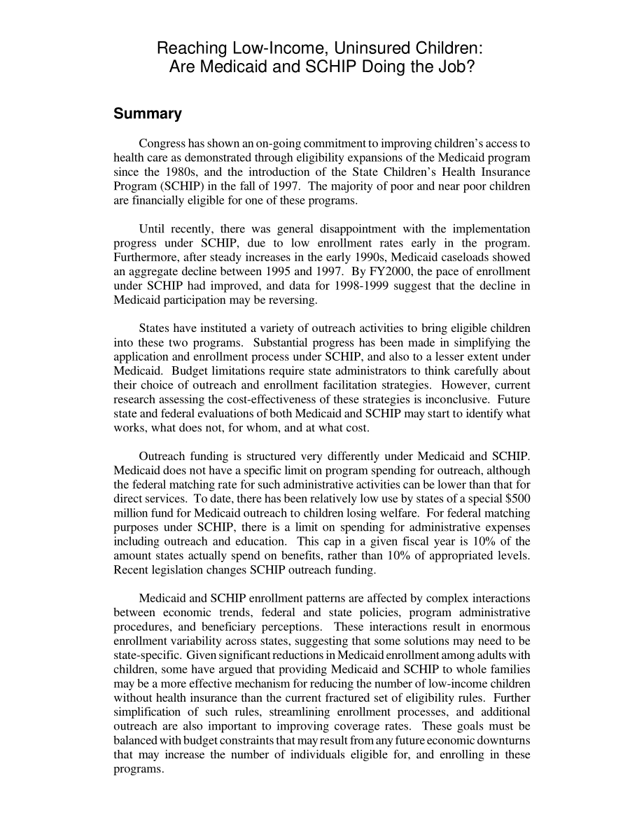 [20010108]RL30556_帮助低收入、无保险的儿童：Are Medicaid and SCHIP Doing the Job？.pdf_第2页