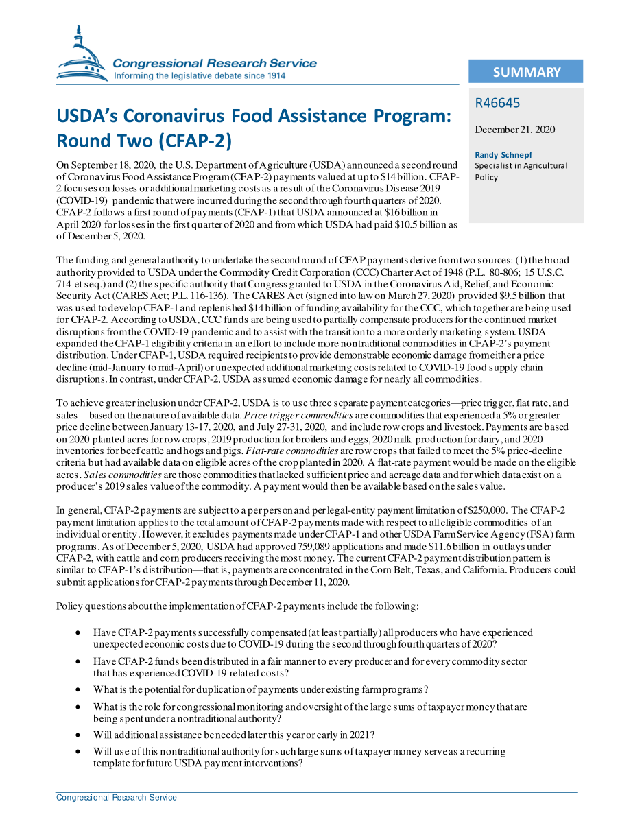 [20201221]R46645_美国农业部冠状病毒食品援助计划：第二轮（CFAP-2）.pdf_第2页
