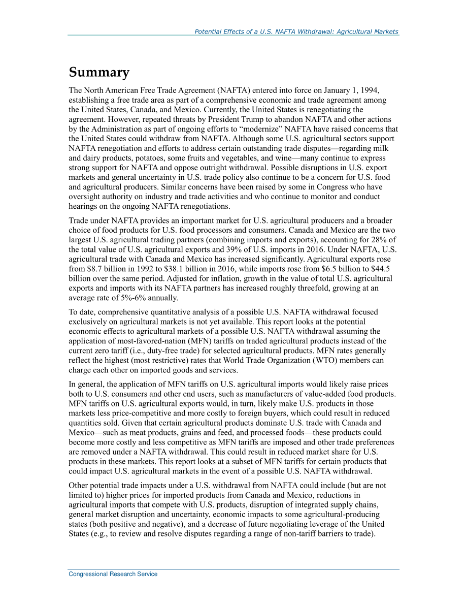 [20171116]R45018_美国退出北美自由贸易协定的潜在影响：农业市场.pdf_第2页