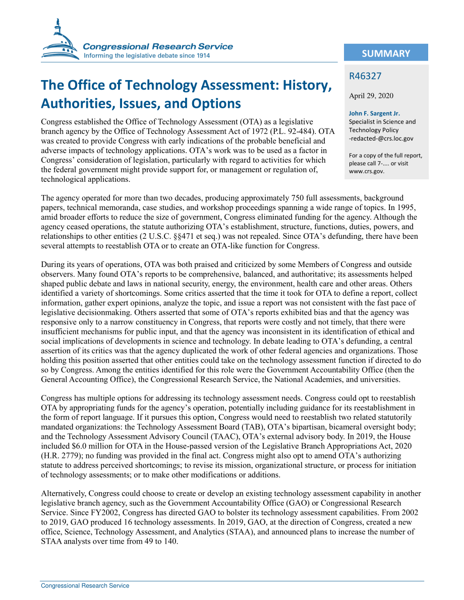[20200429]R46327_技术评估办公室：历史、权限、问题和选项.pdf_第2页