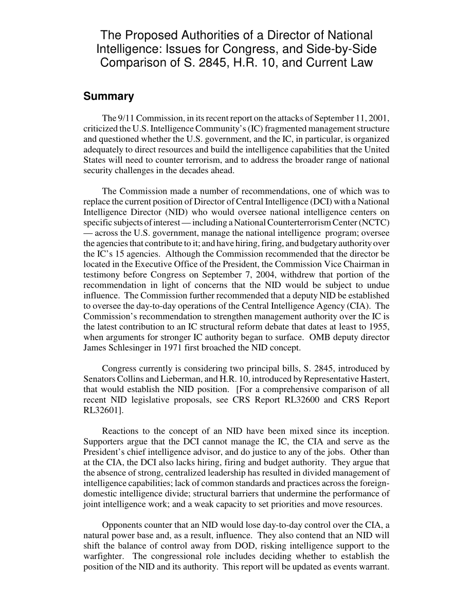 [20041005]RL32506_国家情报局长的拟议权限：国会议题和S.2845 H.R.的并列比较10和现行法律.pdf_第2页
