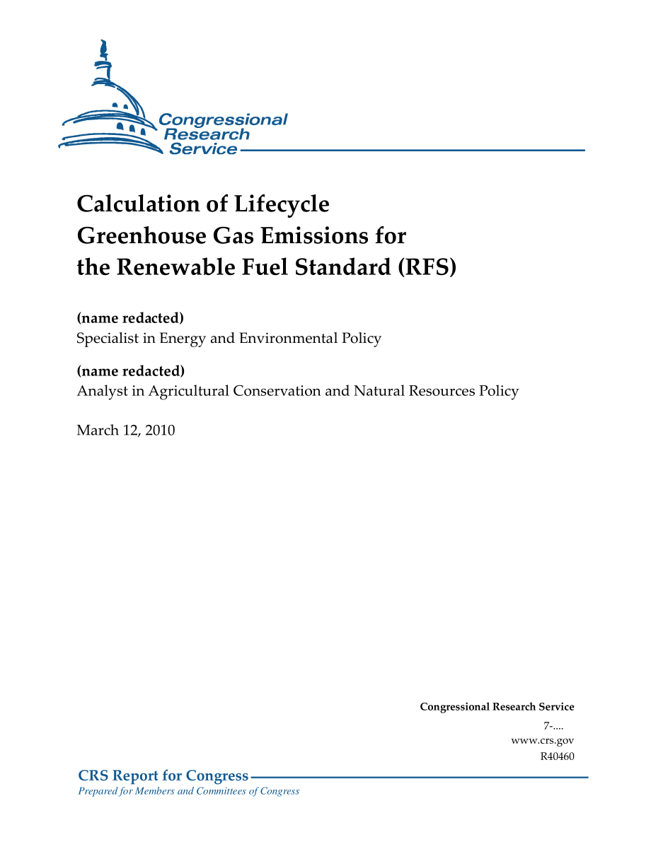 [20100312]R40460_可再生燃料标准（RFS）生命周期温室气体排放量的计算.pdf_第1页