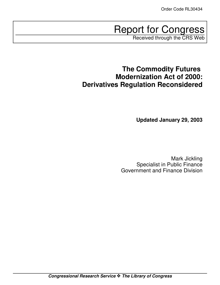 [20030129]RL30434_2000年商品期货现代化法案：重新考虑衍生品监管.pdf_第1页