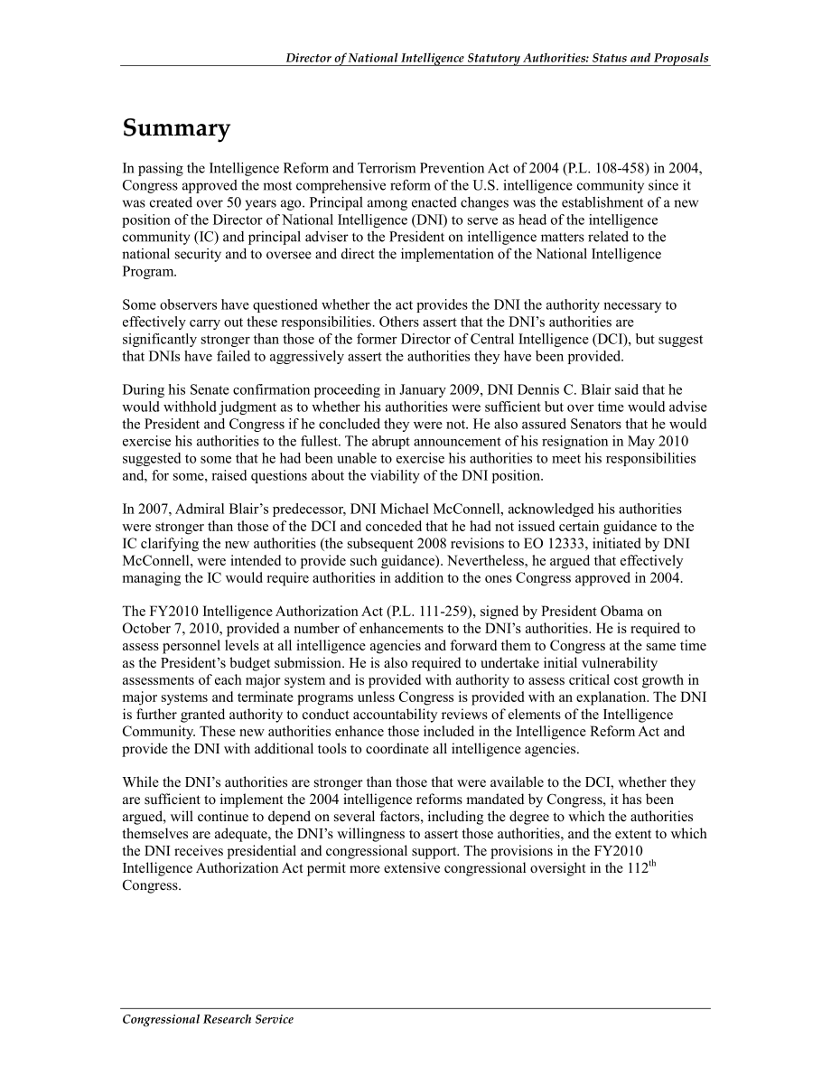 [20111216]RL34231_国家情报法定机构负责人：现状和建议.pdf_第2页