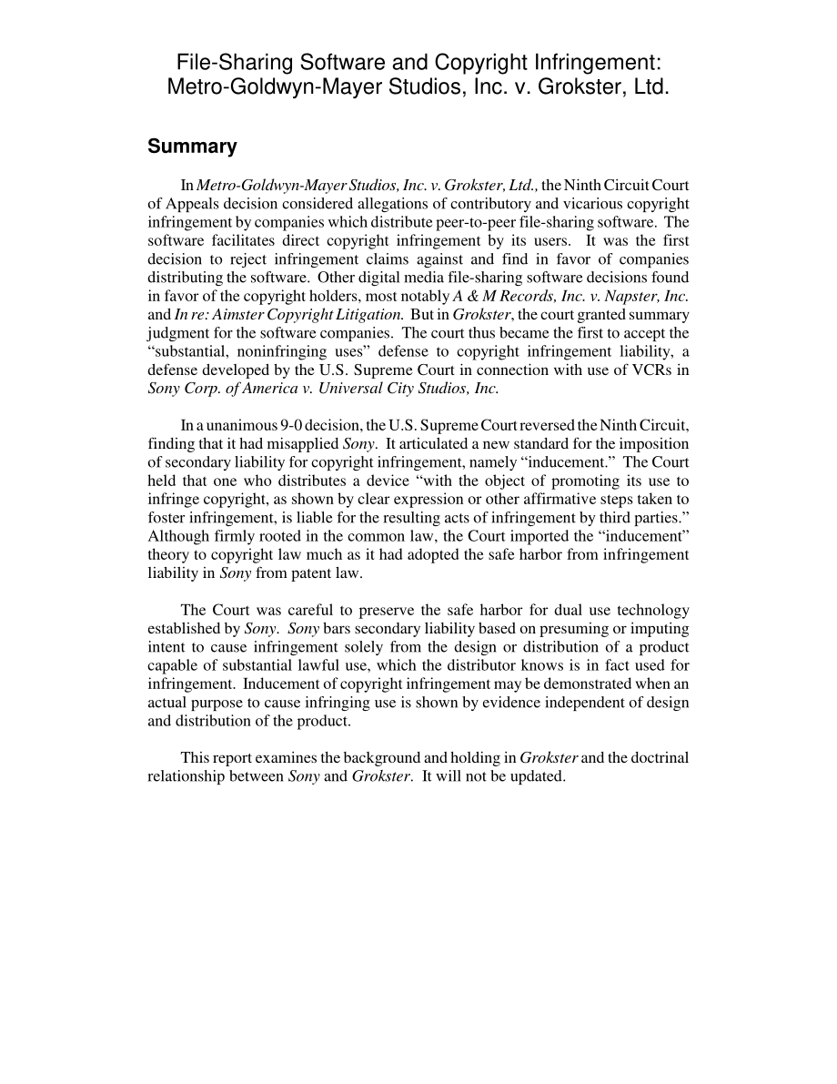 [20050718]RL31998_文件共享软件和版权侵权：Metro Goldwyn Mayer StudiosInc.诉格罗斯特有限公司.pdf_第2页