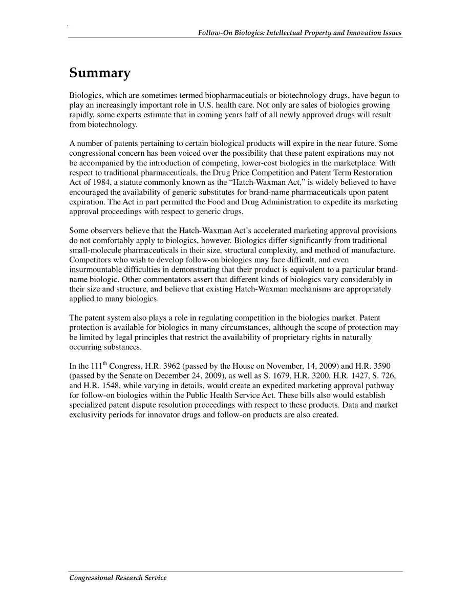 [20100106]RL33901_后续生物制品：知识产权和创新问题.pdf_第2页
