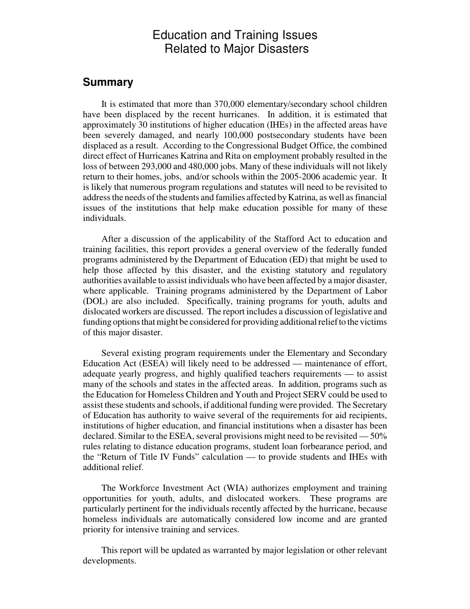 [20051104]RL33089_与重大灾害有关的教育和培训问题.pdf_第2页
